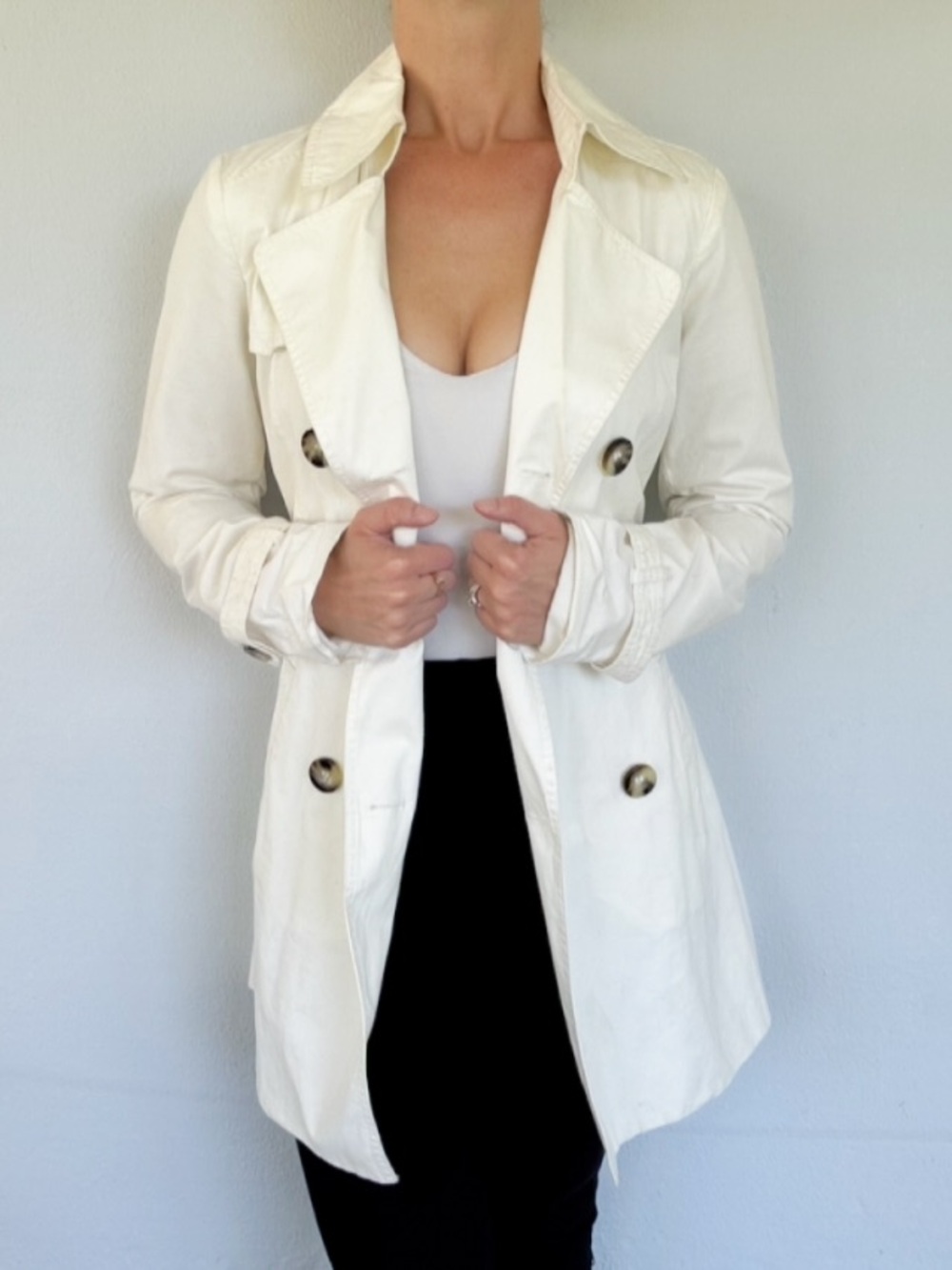 ESPRIT white cotton double breasted sash belted trench coat size 4